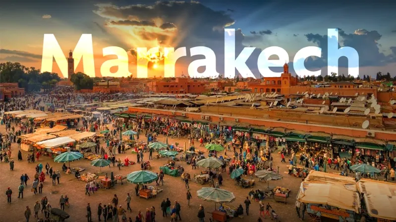 A vibrant view of Marrakech, one of the 7 essential cities of Morocco, showcasing its rich culture and architecture.