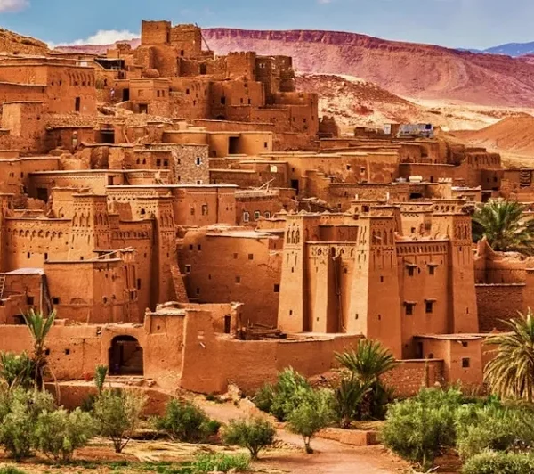 A panoramic view of the city of Sahara in Morocco, showcasing its sandy landscapes and traditional architecture.