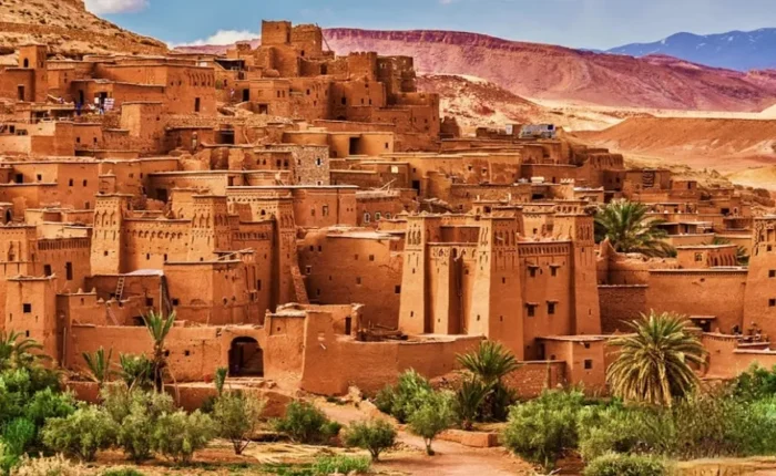 A panoramic view of the city of Sahara in Morocco, showcasing its sandy landscapes and traditional architecture.