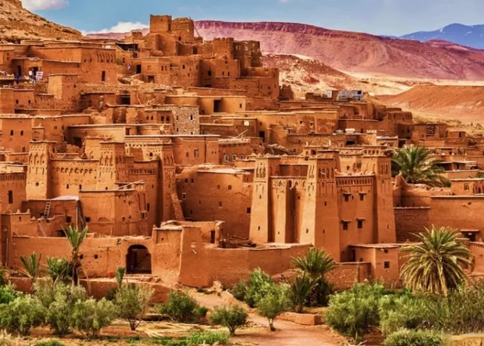 A panoramic view of the city of Sahara in Morocco, showcasing its sandy landscapes and traditional architecture.