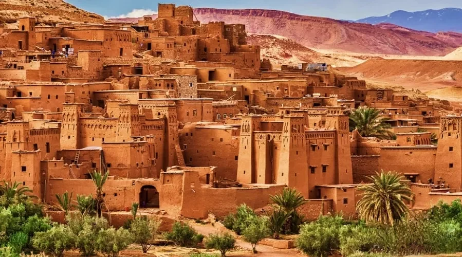 A panoramic view of the city of Sahara in Morocco, showcasing its sandy landscapes and traditional architecture.