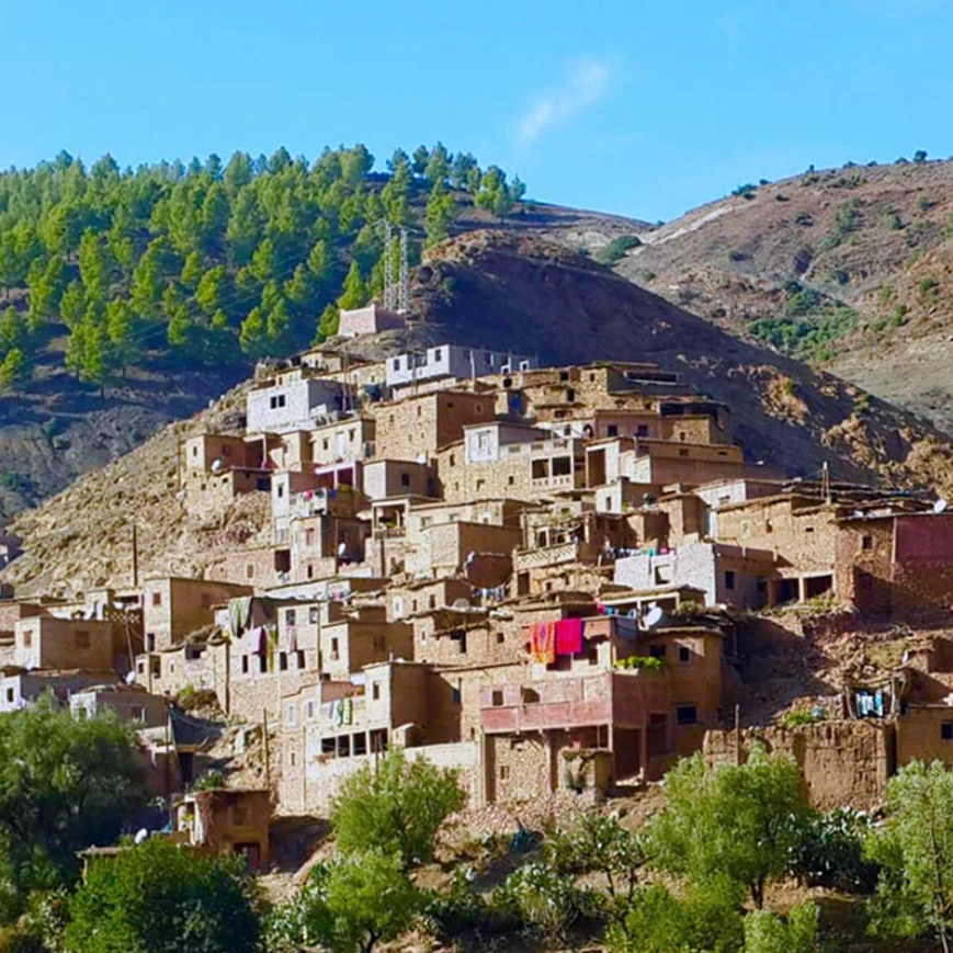Ourika Valley landscape with green terraces and the High Atlas Mountains