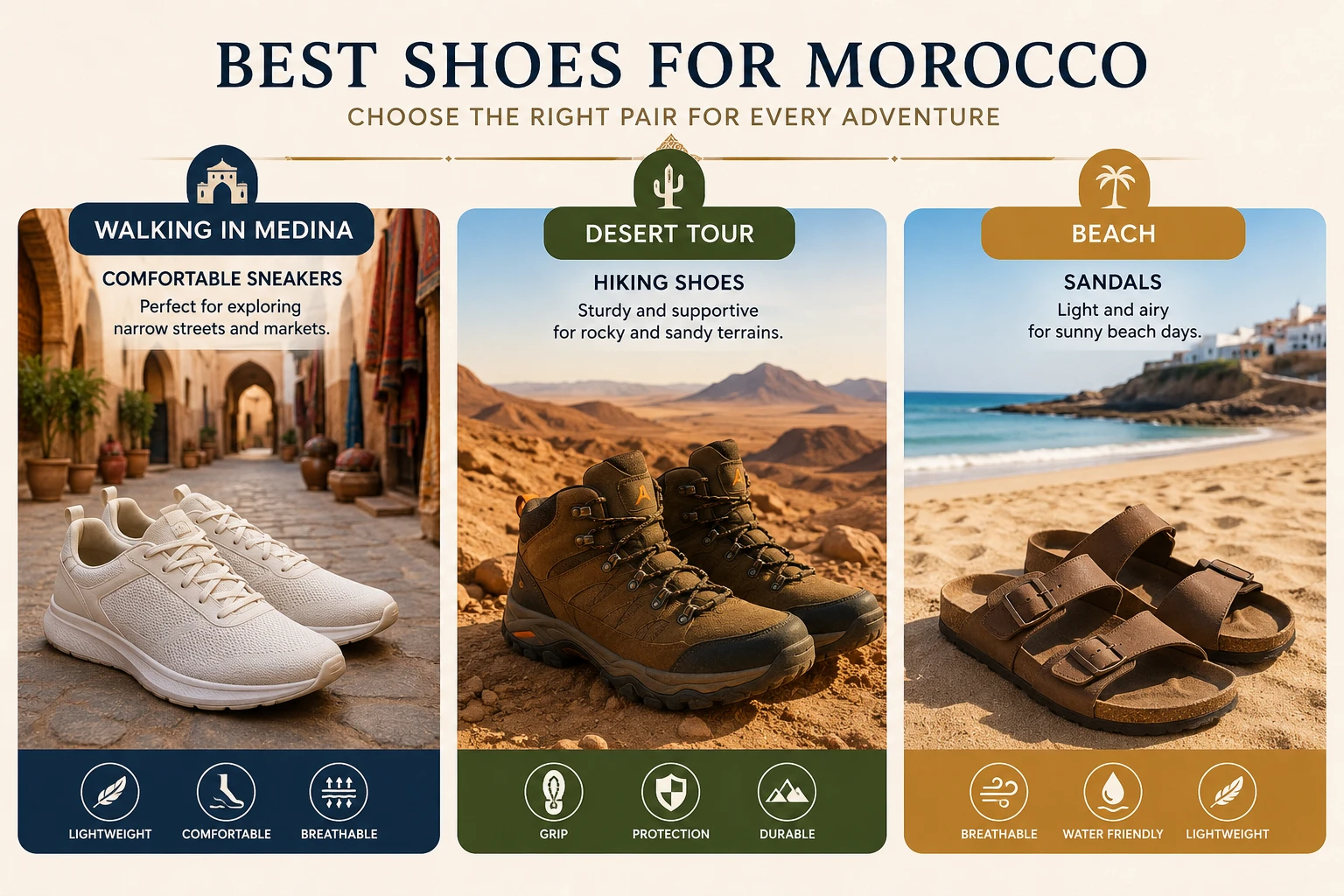 Best shoes for Morocco including walking sneakers, sandals, and light hiking boots