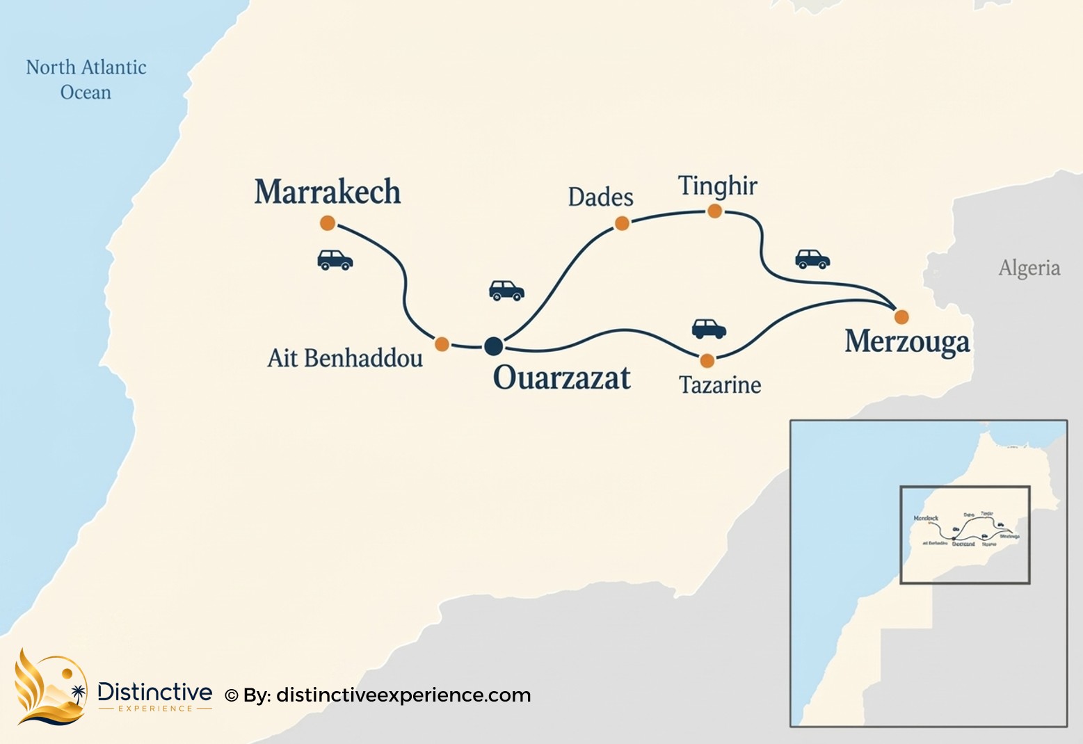 Route map of the private three-day Sahara journey from Marrakech to Merzouga