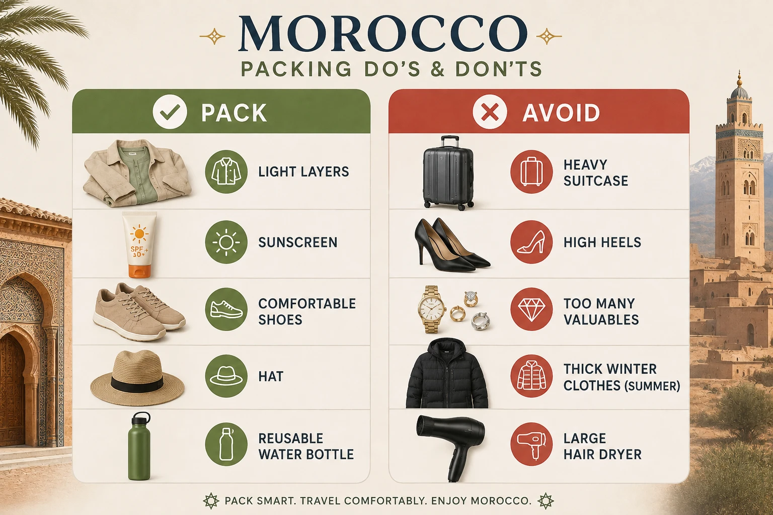 Morocco packing dos and don'ts illustrated with clothing and accessory examples