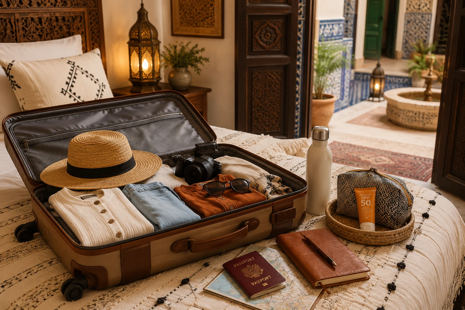 Flat lay of a complete Morocco packing list with folded clothes, walking shoes, and travel accessories