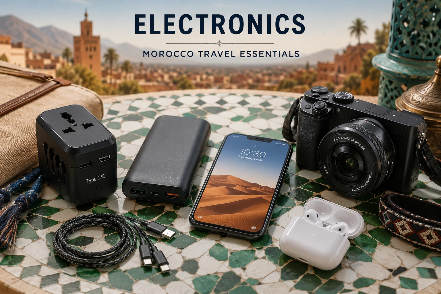 Morocco travel electronics including a plug adapter, power bank, and phone
