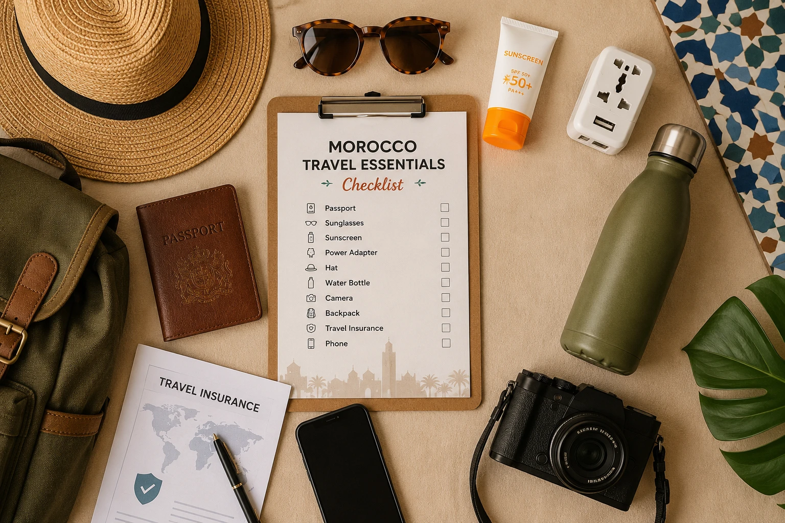 Morocco travel essentials checklist laid out with passport, adapter, and toiletries