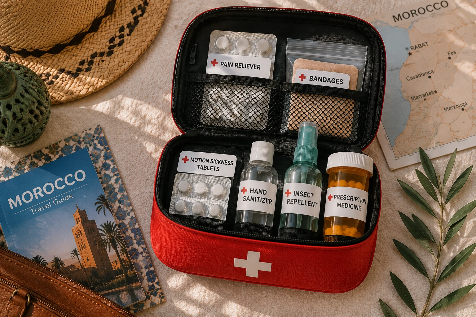 Compact Morocco travel first aid kit with basic health essentials