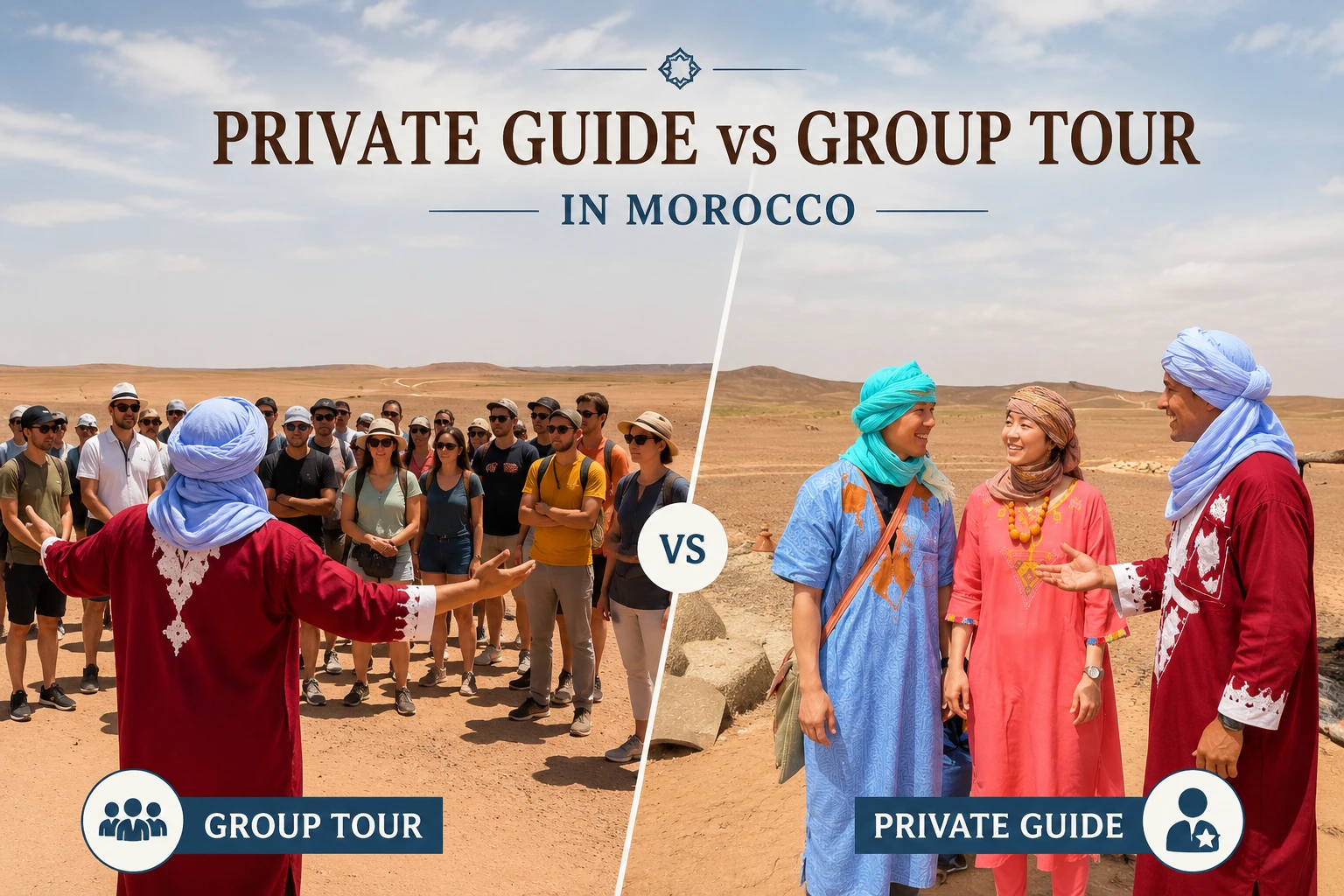 Private guide versus group tour experience in Morocco