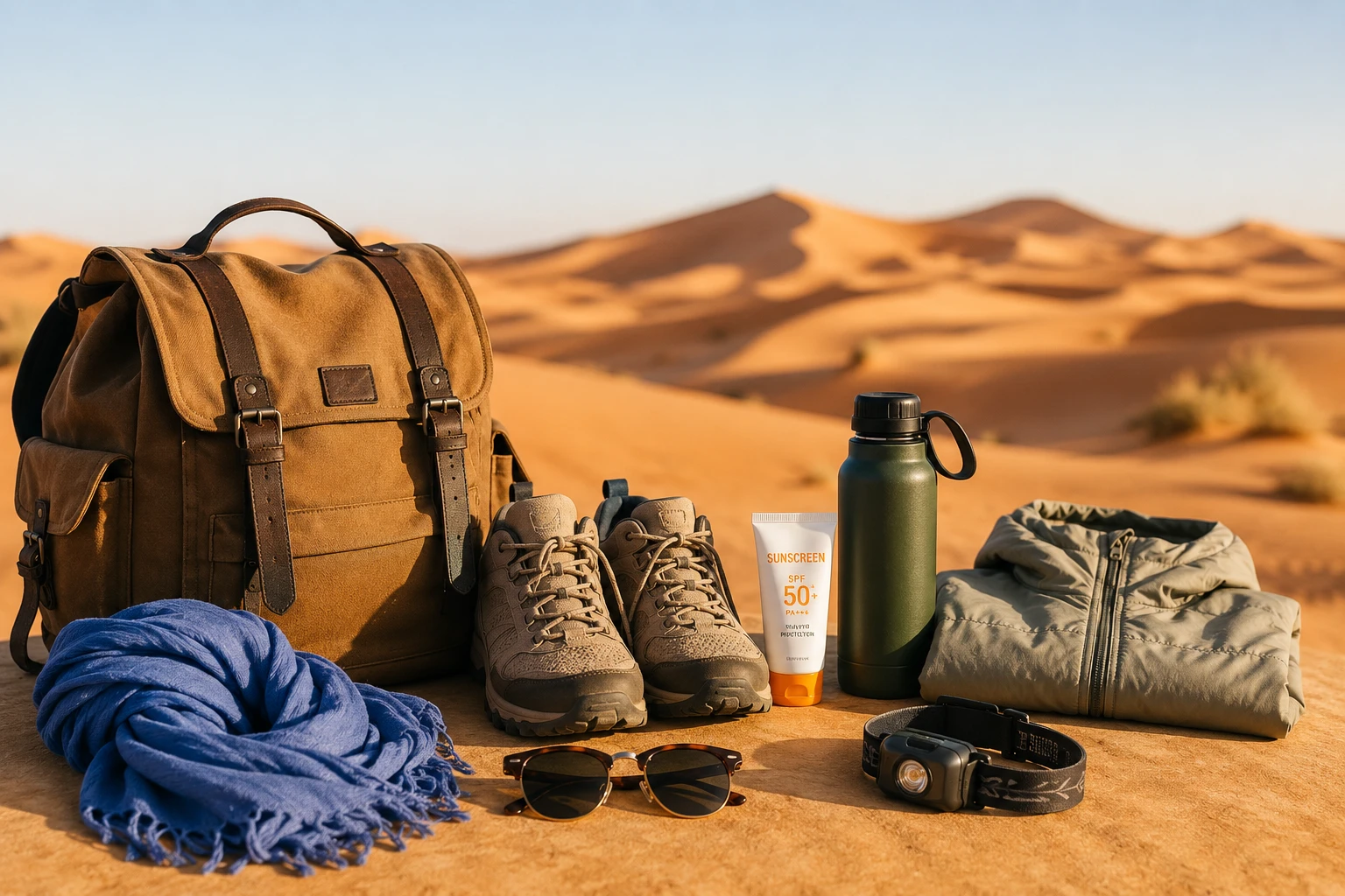 Sahara desert packing list items including a scarf, warm layer, and headlamp for a Morocco desert tour