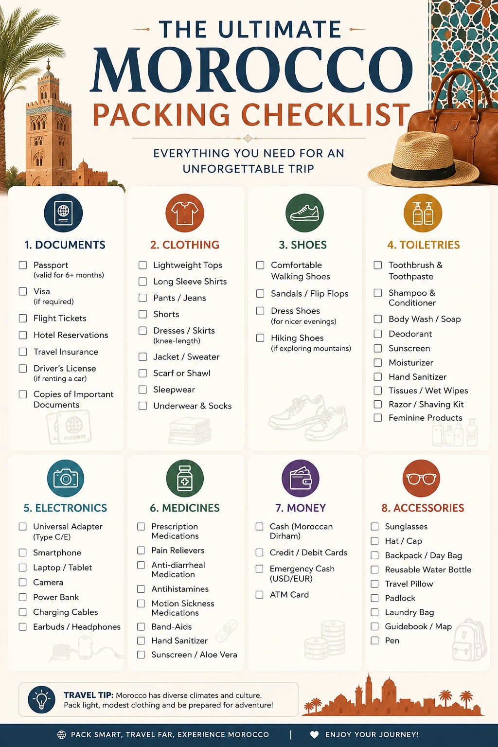 Ultimate Morocco packing checklist covering clothing, documents, electronics, and desert extras