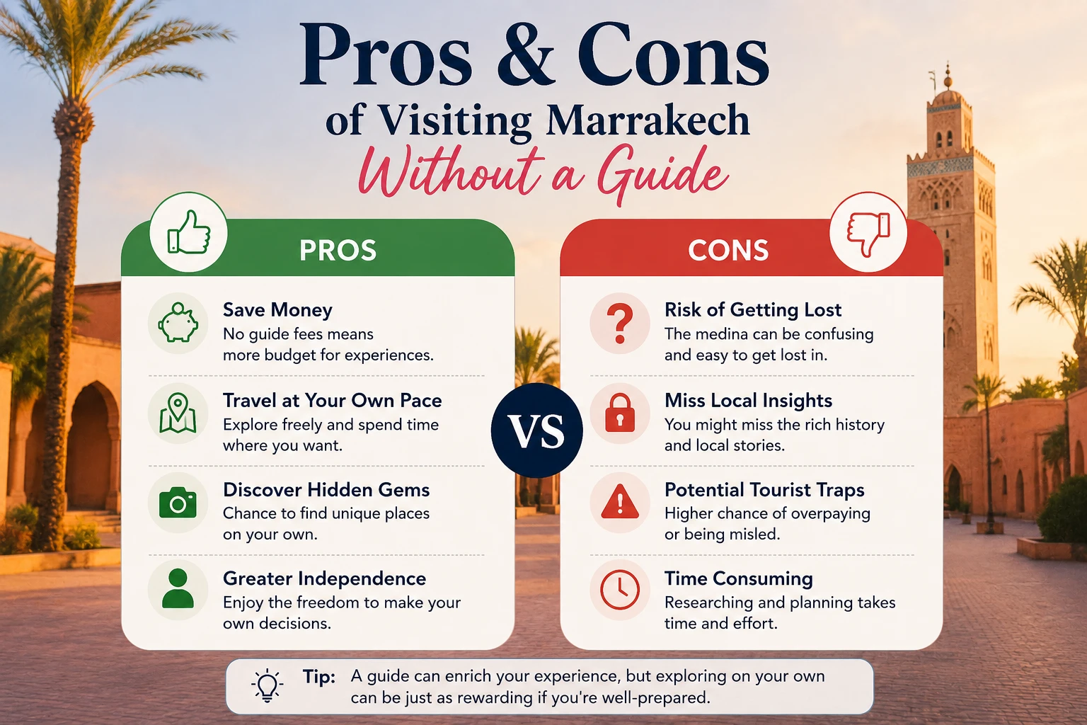 Infographic comparing the pros and cons of visiting Marrakech without a guide