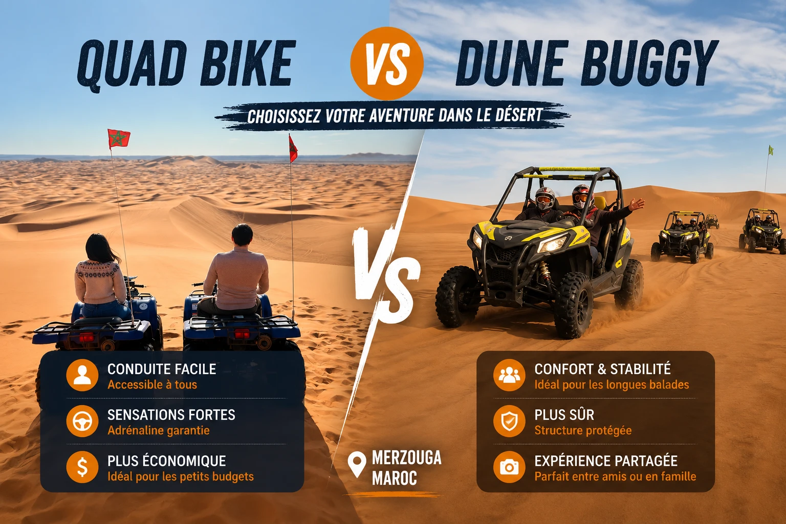 Quad bike and buggy side by side in the Merzouga desert, showing the difference between a Merzouga quad tour and a Merzouga buggy tour