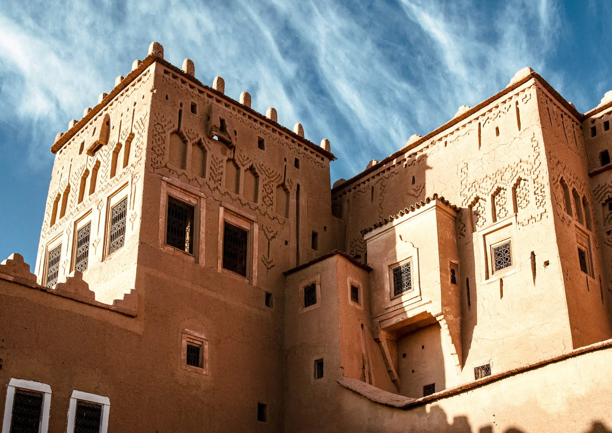 Geometric decoration carved into the walls of Taourirt Kasbah