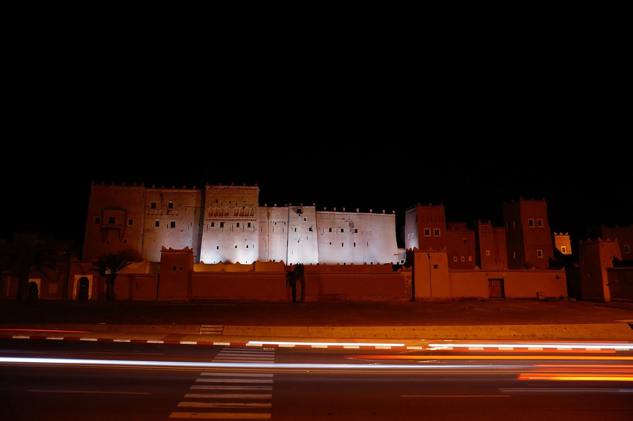 Taourirt Kasbah lit at night in Ouarzazate