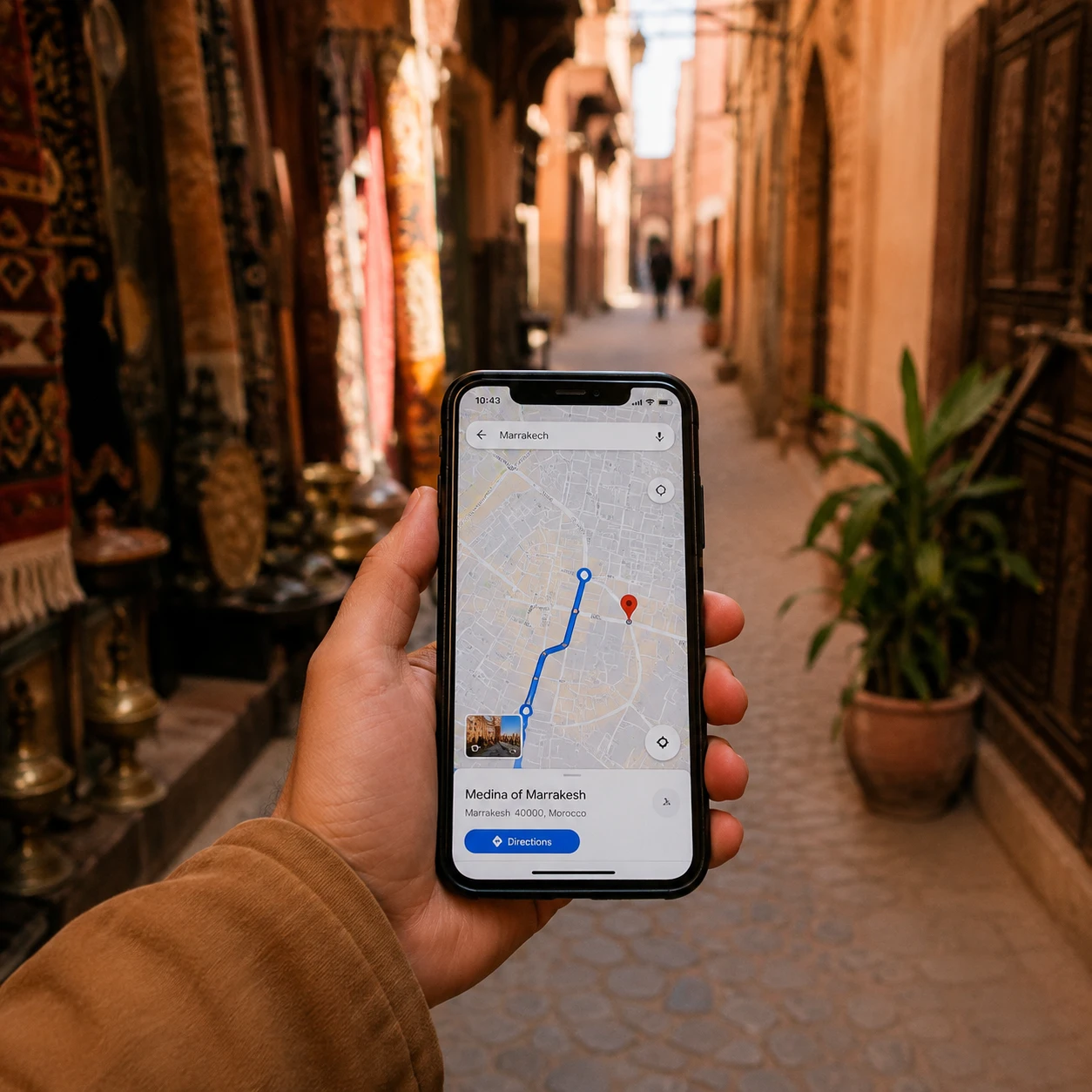 Traveler using Google Maps to navigate the streets of Marrakech